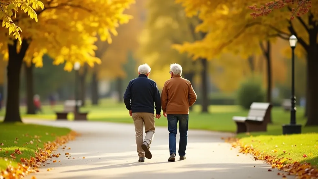 Seniors walking on accessible park path with autumn trees