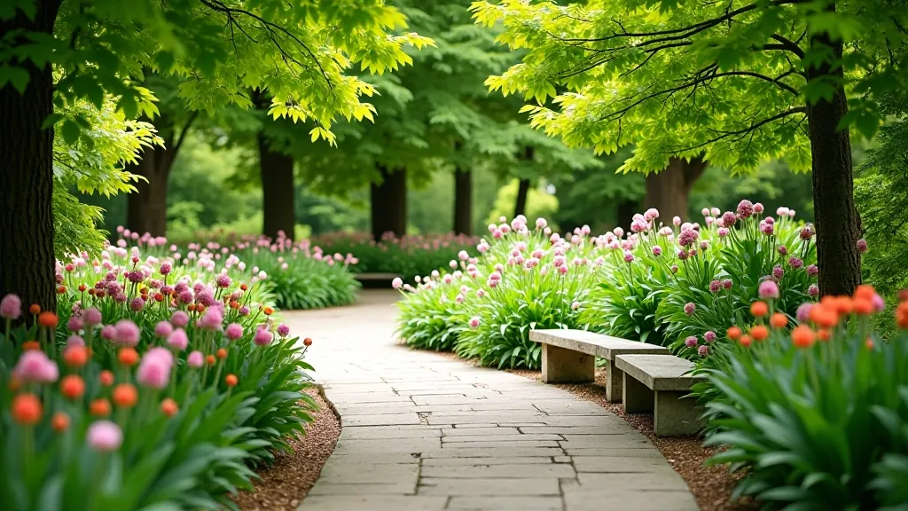 Olomouc botanical gardens with manicured paths, flowering plants, and shaded walkways