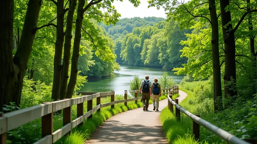 Easy walking trail through green forest with clear path markings