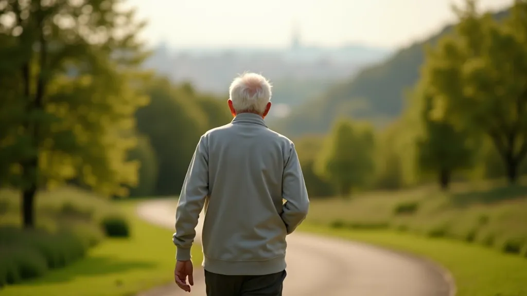 Person walking on paved path with Prague cityscape visible in distance