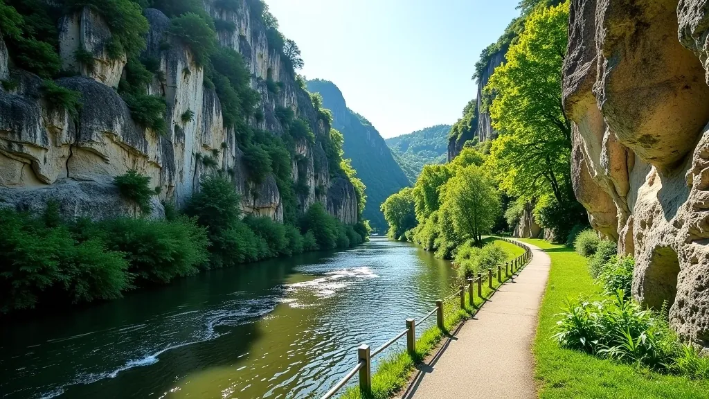 Scenic river valley in Podyjí with limestone cliffs and accessible marked pathway