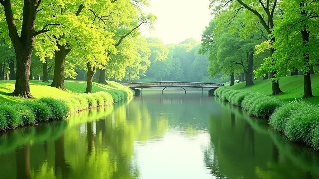 Water features and riverside section of Stromovka Park with trees reflecting in water