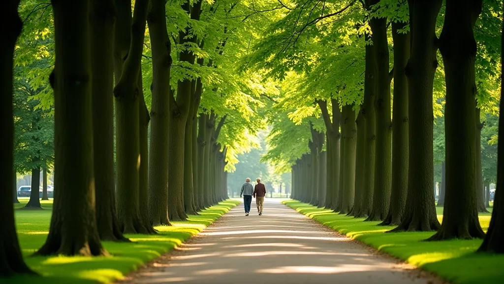 Serene walking path lined with green trees and natural lighting