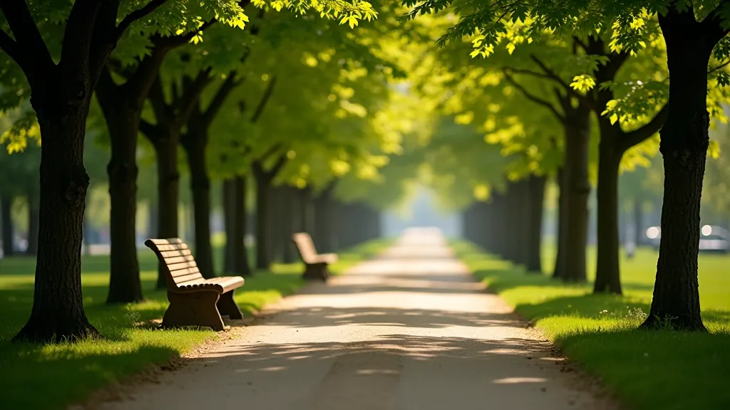 Shaded walking path in Letná Park with benches and Prague cityscape in background