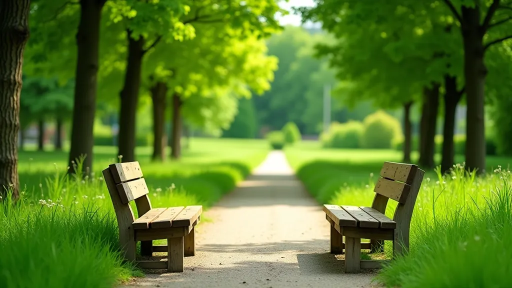 Wooden benches positioned along park path overlooking green meadow and trees in Stromovka